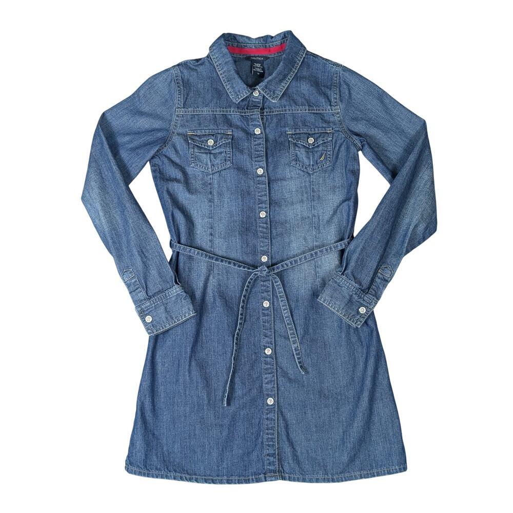 Nautica Denim Shirt Dress Girls 12 Long Sleeve Snap Front Retro Western Preppy